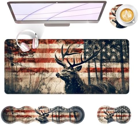 Large Keyboard Mouse Pad Set, Extended Mouse Pad+Keyboard Wrist Rest Support, Memory Foam Ergonomic Easy Typing, 4Pcs (31.5×11.8 in) Desk Pad Set for Office Home,American Flag Deer by Unknown