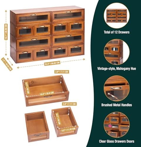 Modular Stackable Fully Assembled Set of 4 Storage Drawers - 12 Drawer See-Through Display Cabinets - 4-Level Desktop Organizer - Wood Box w/Metal Handle Collectible Card Bedazzling Decluttering - Image 3