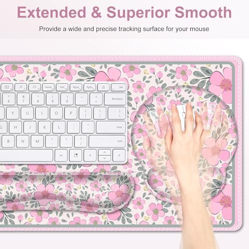 Floral Desk Mat, 4in1 Large Mouse Pad with Wrist Rest, Cute Desk Matt for Desktop, Deskpad Mat, Anti-Slip XXL Computer Ergonomic Mousepad with Wrist Support for Keyboard and Mouse I Pink Flowers - Image 4
