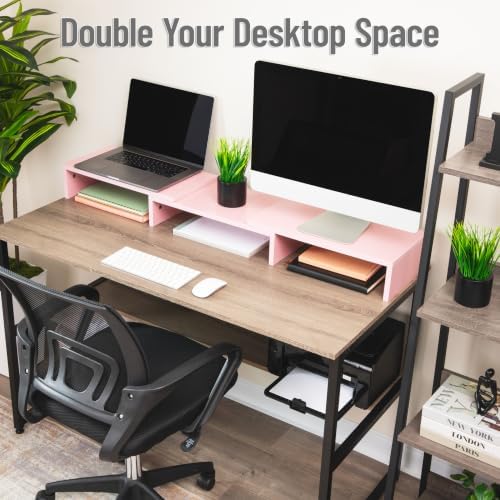 Mind Reader Dual Monitor Stand, Desktop Organizer, Laptop Riser, Office, MDF, 51.25"L x 9.25"W x 4.75"H, Pink - Image 4