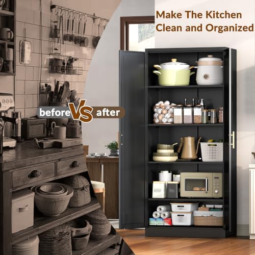 BESFUR 71" Tall Black Kitchen Pantry Cabinet, Metal Food Storage Cabinet with 4 Adjustable Shelves, Freestanding Cupboard with Doors for Kitchen, Dining Room, Living Room, Bathroom, Laundry Room - Image 6