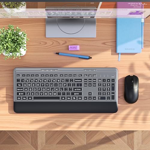 KOPJIPPOM Silent Wireless Keyboard and Mouse Combo - Keyboard with Large Print Cover, 2.4GHz Full-Sized Ergonomic Keyboard with Wrist Rest and Mouse for Laptop, PC, Notebook, Desktop - Image 3