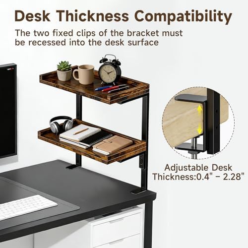 Clamp on Desk Shelf,2-Tier Office Desk Shelves Organizer, Expandable Under Desktop Storage,Wood Desktop Storage Rack for Home Workspace, Study Rooms,Gaming Devices (Brown) - Image 5