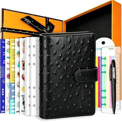 PU Leather Personal Notebook Planner with 80 Pages Loose-Leaf Papers 6 Holes Ring Binder Pen Holder Magnetic Buckle(Black Faux Ostrich Leather, A6 Gift Box) by Zelten