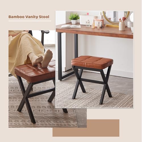 Foot Stool Small Ottoman Foot Rest Padded Foot Stool Desk for Under Office Desk Vanity Stool Bamboo Footstool Sofa Footrest Shoe Stool Small Foot Stools (Black Legs + Reddish Brown) - Image 7