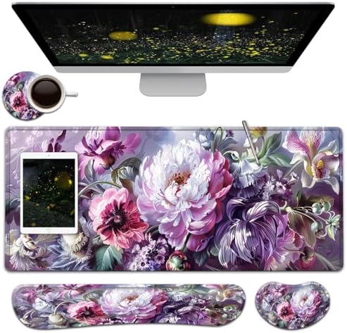 Large Mouse Pad + Keyboard Wrist Rest Set, Extended Gaming Mousepad (31.5X11.8 inch) with Non-Slip Rubber, Ergonomics Memory Foam Mouse Wrist Rest Support, Pink Peony Pattern XXL Desk Pad by Unknown
