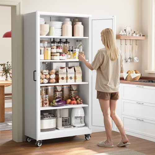 72"White Metal Kitchen Storage Cabinets Freestanding Garage Storage Cabinet - Image 2