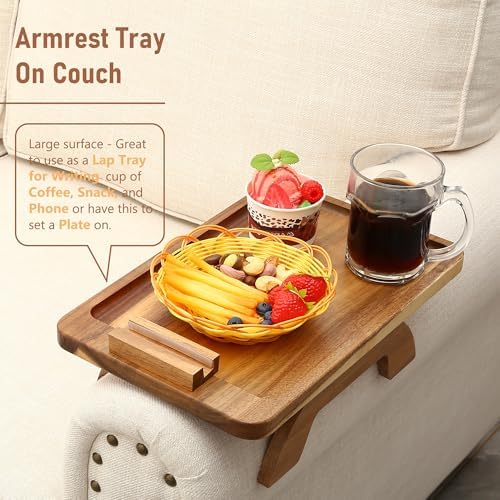 SINWANT Couch Arm Tray,15.35x9.84 in Sofa Clip on Arm Table,Acacia Wood - Image 2