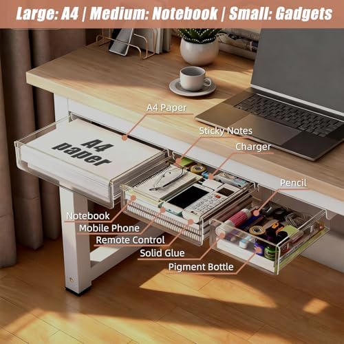 3-Pack Under Desk Drawer for Desk with Frame & Beam, Fits Where Standard Drawers Can't, 52mm Heightened Slide Out Organizer, Dual Adhesive or Screw Mount, Clear PET Under Table Storage - Image 6