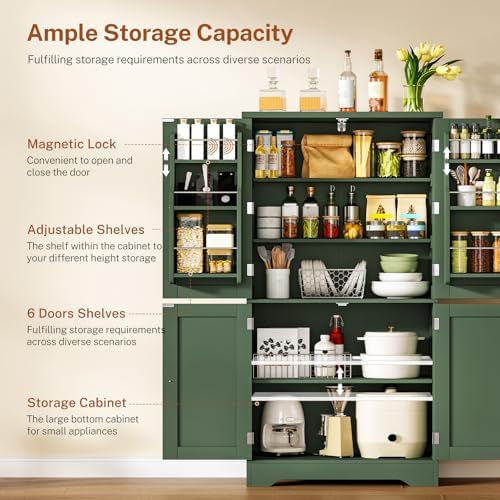 Pantry Cabinet with 4 Doors, Kitchen Storage Cabinet with Door Shelves, - Image 4
