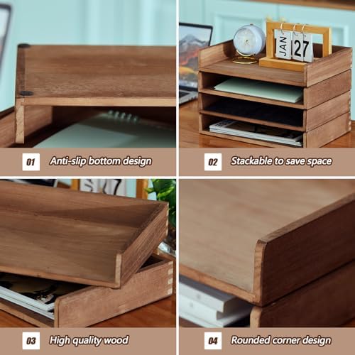 Yeaqee 4 Pcs Stackable Organizer Tray Wood Desk Organizer, Dark Wood Color - Image 4
