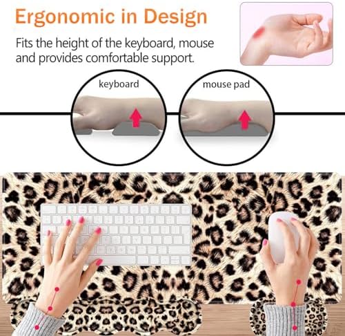 Large XXL Gaming Desk Mat 31.5"x 11.8", Ergonomic Keyboard Wrist Rest & Mouse Pad Wrist Rest + Coaster Set, Non-Slip Base, Memory Foam, Office and Home, Leopard Print - Image 3