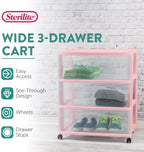 Sterilite 3 Pack Wide 3 Drawer Storage Cart, Rolling Organization, Pink - Image 3
