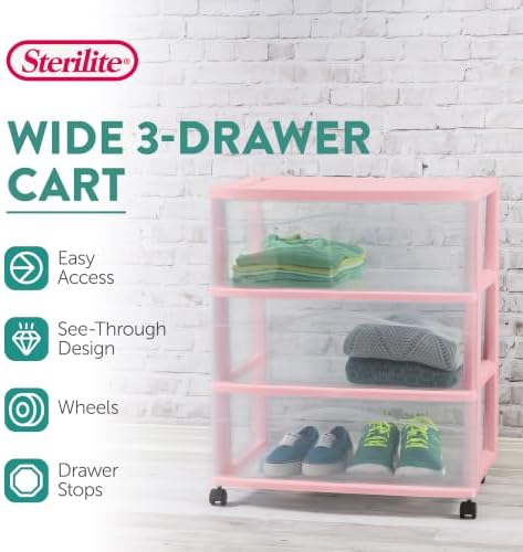 Sterilite 3 Pack Wide 3 Drawer Storage Cart, Rolling Organization, Pink - Image 3