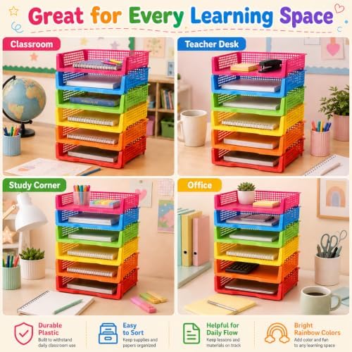 6 Pcs Colorful Turn in Trays Classroom, Stackable Paper Bins for Classroom, 13x9x2.8 inch Plastic Baskets Desktop Organization System Office (Colorful) - Image 6