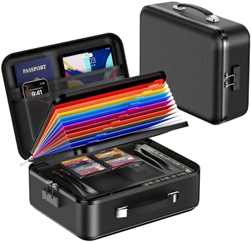 Fireproof Document Box with Lock, Waterproof Hard Shell File Organizer with Accordion Folder, Portable Fireproof File Safe Box for Home Office Storage of Documents, Laptop, Cash & Passports by Dcorn