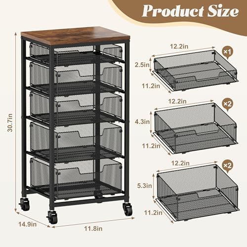 Rolling Cart with Drawers, 5-Drawer Storage Cart on Wheels with Vintage Wooden Top, Heavy Duty Metal Utility Cart, Mobile Craft Art Storage Cart for Kitchen, Bathroom, Office, Bedroom, Art Studio - Image 2