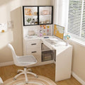 43.3" White L Shaped Office Desk with Glass Cabinets and Drawers by Varelynn