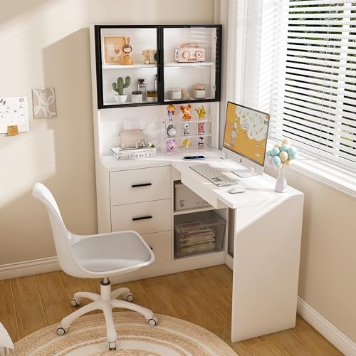 43.3" White L Shaped Office Desk with Glass Cabinets and Drawers by Varelynn