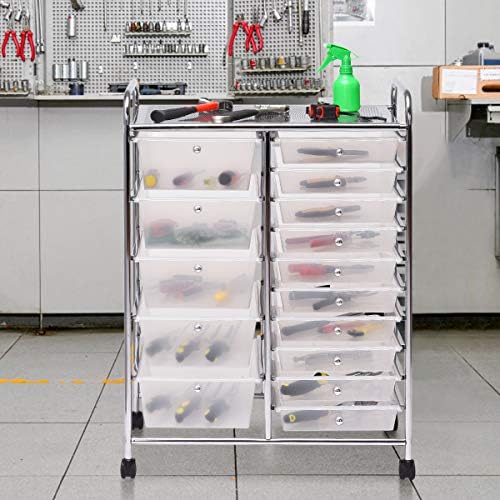 Giantex 15 Drawer Rolling Storage Cart Tools Scrapbook Paper Office School Organizer, Clear - Image 4