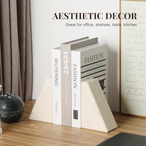 Koville Marble Bookends for Shelves, Large Bookends for Heavy Books, Non-Slip Heavy Duty Book Stopper for CD/Movies, Aesthetic Decorative Bookends for Shelves Table Home Decor(Beige) - Image 4