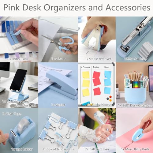 Office Supplies,Blue Desk Accessories,Desk Organizer,Phone Stand,Scissors,Stapler,Tape Dispenser,Binder Clips,Staples,Staple Remover,Sticky Notes,Index Tabs,Clear Tape,Mini Box Cutter,Cool Pen.16pcs - Image 5