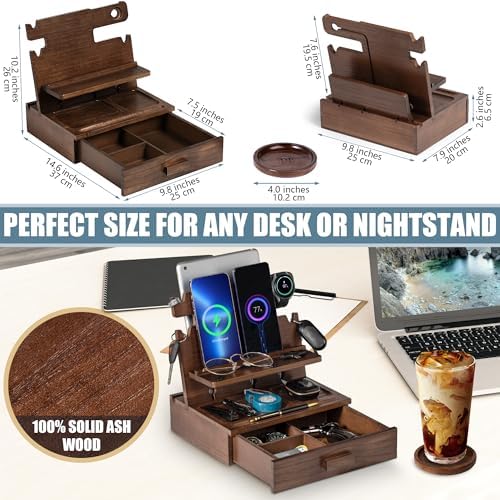 Wood Phone Docking Station for up to 3 Phones, Samsung Galaxy Watch Compatible Nightstand Organizer with Drawer for Valuables for Men & Women, Holds Phones, Tablets, Keys, Rings, Glasses, Watches, EDC - Image 5