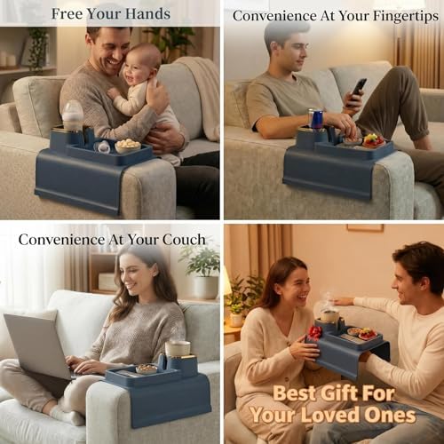 Luxury Gold Trim Couch Cup Holder Tray - Weighted Anti-Spill Navy Blue Silicone Sofa Armrest Organizer, Non-Slip Recliner Tray Table for Drinks, Remote, Phone - Fits Most Couch Arms - Image 5