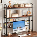 VECELO 2-Tier Desktop Bookshelf, Retro Brown Metal Desk Hutch with Grid Panel, 45.3 Inch Wide Countertop Storage Organizer for Bedroom & Dorm by VECELO