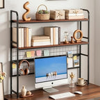 VECELO 2-Tier Desktop Bookshelf, Retro Brown Metal Desk Hutch with Grid Panel, 45.3 Inch Wide Countertop Storage Organizer for Bedroom & Dorm by VECELO