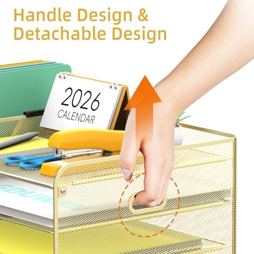 SUPEASY Mesh Desk Organizer with File Holder, 5-Tier Paper Letter Tray Organizer with Magazine Holder, Desktop Organizer and Storage with Drawer for Office Supplies Home or School (Golden) - Image 5
