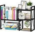 Expandable Desktop Shelf Organizer, 2 Tier Wood Desk Shelf for Office, Metal Corner Bookshelf, Countertop Storage Rack (Black) by Yelinkws