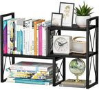 Expandable Desktop Shelf Organizer, 2 Tier Wood Desk Shelf for Office, Metal Corner Bookshelf, Countertop Storage Rack (Black) by Yelinkws