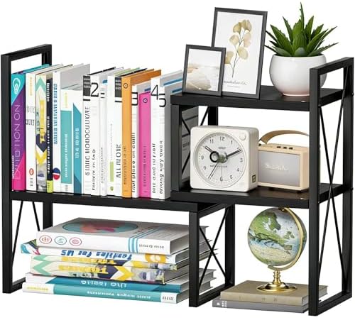 Expandable Desktop Shelf Organizer, 2 Tier Wood Desk Shelf for Office, Metal Corner Bookshelf, Countertop Storage Rack (Black) by Yelinkws