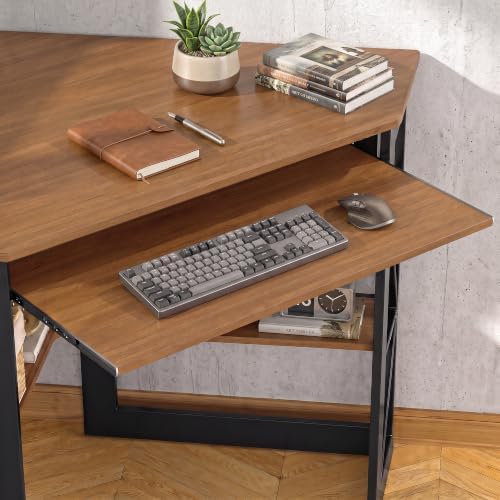 VECELO Corner Computer Desk 41 x 30 inches with Smooth Keyboard & Storage Shelves for Home Office Workstation, Teakwood Brown - Image 4