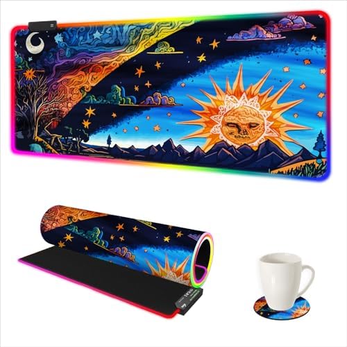 AIMSA Large Gaming Mouse Pad RGB, Keyboard Led Mousepad Extended 35.4 x 15.8 inch Non-Slip Rubber Base with 14 Lighting Modes Desk Mat, Abstract Sun by AIMSA