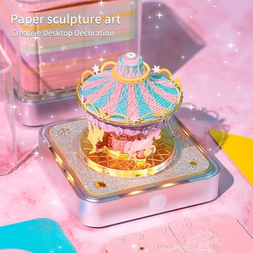3D Calendar 2027, Desk Time Piece Calendar 2027,Tear-Away 3D Paper Art Notepad w LED Lights,Creative 3D Memo Artsy Pad Calendars, DIY Paper Carving Gift (Carousel) - Image 2