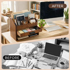 Wooden Desk Organizer with 7 Compartments and Drawer, Rustic Desktop Mail Organizer for Desk, Wooden Mail Sorter Organizer with Deep Pockets, File Holder and Sturdy Black Handle for Home Office-Brown - Image 4