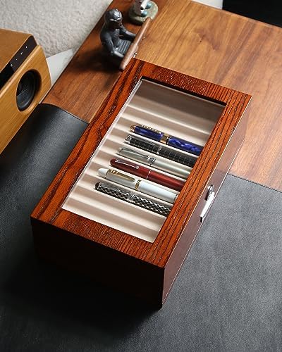 wood pen display case 24 slot Fountain pen Box storage Organizer with drawer, Top Glass Window Pen Collection Display Case - Image 3