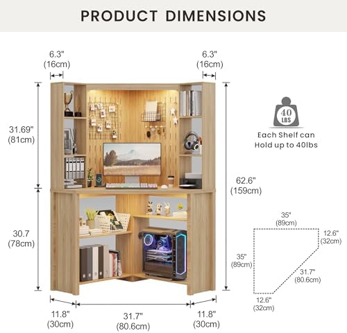 Corner Desk with - LED Reading Light, L-Shaped Computer Desk w/Hutch & Shelves, Home Office Desk w/Charging Station for Work & Study, File Cabinet Storage Bookshelf for Small Space (Natural) - Image 2