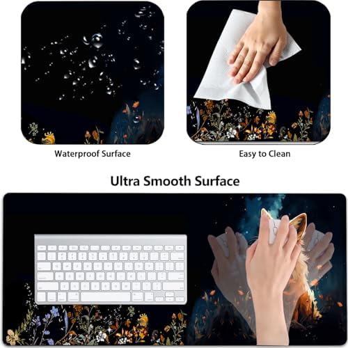 Large Gaming Mouse Pad+ Keyboard Wrist Rest Set, Ergonomics Memory Foam Mouse Mat Wrist Rest Support for Home Office, Waterproof Extended Mousepad 31.5x11.8in, Cute Red Fox Animal Black Desk Pad - Image 2