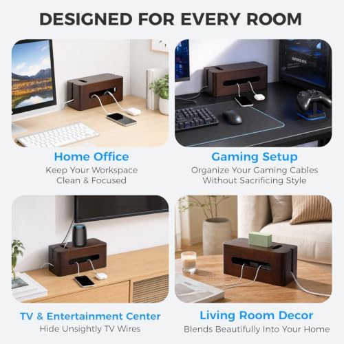 Large Wooden Cable Management Box, Cord Organizer for Power Strip, Surge Protector & Chargers, Ventilation Holes & Multi Cable Slots, Wire Hider for Desk, TV, Office & Gaming Setup - Image 6