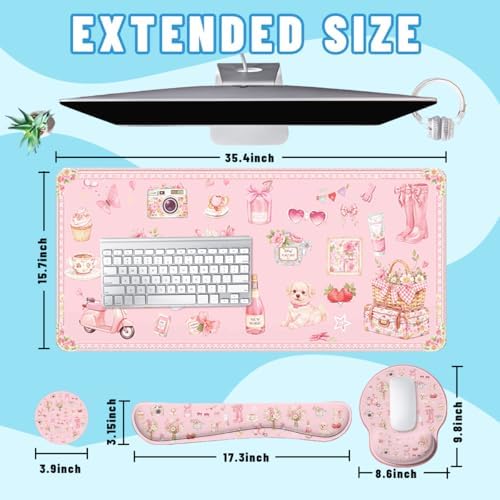 Pink Collage Desk Mat Set Coquette Floral Cute Aesthetic Large Mouse Pad with Wrist Rest 4in1 Desk Mat for Desktop Ergonomic Computer Desk Arm Wrist Anti-Slip Computer Mouse Pad Home Office Gaming - Image 2
