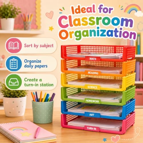6 Pcs Colorful Turn in Trays Classroom, Stackable Paper Bins for Classroom, 13x9x2.8 inch Plastic Baskets Desktop Organization System Office (Colorful) - Image 7
