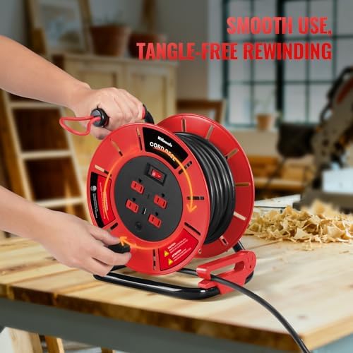 Extension Cord Storage Reel with 4-Grounded Outlet & 2 USB Port, 15A Circuit Breaker, Heavy Duty Open Cord Reel for 12/3,14/3 Gauge Power Cord, Hand Wind Retractable, ETL Listed Red R85CR06 - Image 7
