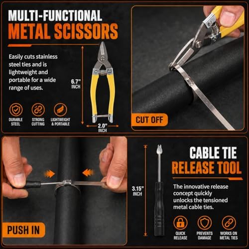 Stainless Steel Cable Tie Gun Set – 300PCS Black Metal Zip Ties (6/8/12", 100PCS Each) with Scissors, Gloves, Storage Bag for Fence Exhaust Automotive - Image 4