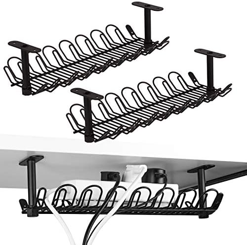 2 Packs Cable Management Tray, 14 inch Under Desk Cable Holder for Wire Management, Heavy Metal Cord Organizer Ideal for Computer Home Office Standing Tables to Hide Power Strips (Black) by Baskiss