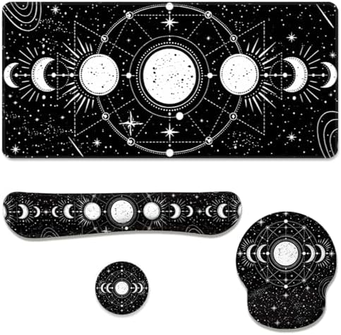 Moon Phase Desk Mat Set Celestial Astrology Black White Large Mouse Pad with Wrist Rest 4in1 Desk Mat for Desktop Ergonomic Computer Desk Arm Wrist Anti-Slip Computer Mouse Pad Home Office Gaming by Unknown