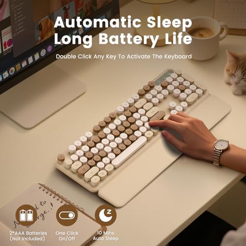 Wireless Keyboard, Round Keycaps, Retro Typewriter Keyboard with Magnetic Wrist Rest, Sleep Mode, Foldable Legs, 2.4GHz Full-Size Cordless Computer Keyboard for Windows PC, Laptop (Beige & Brown) - Image 6
