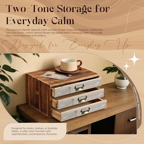 Stackable Modular Desktop Drawer Organizer, Aged Vintage Wood Grey 3-Drawer Storage Unit with Label Pull Handles, 2 Tone Wooden Japandi Style, Expandable by Adding More Units for Clutter-Free Spaces - Image 7